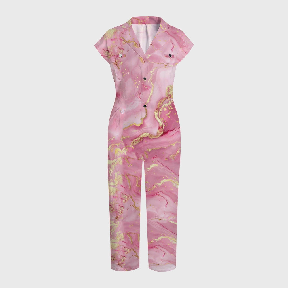 Women's Wide-Leg Pink Marble Printed Scrub Jumpsuit