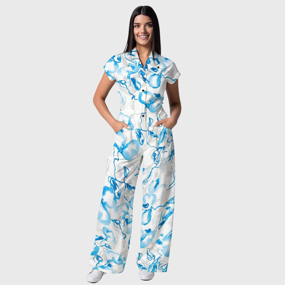 Women's Lapel Collar Wide-Leg Porcelain Print Scrub Jumpsuit