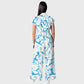 Women's Lapel Collar Wide-Leg Porcelain Print Scrub Jumpsuit