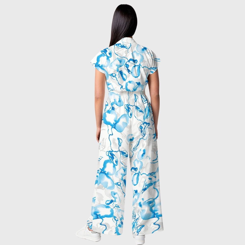 Women's Lapel Collar Wide-Leg Porcelain Print Scrub Jumpsuit