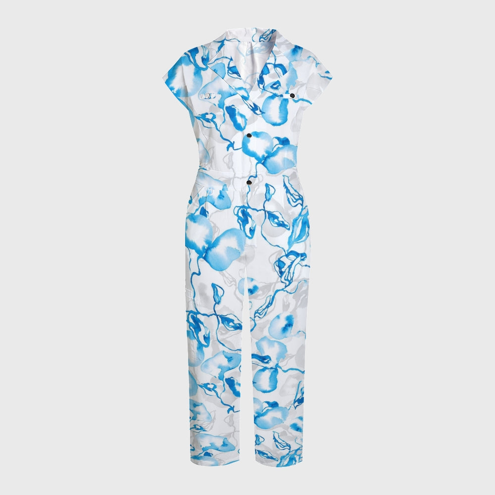 Women's Lapel Collar Wide-Leg Porcelain Print Scrub Jumpsuit