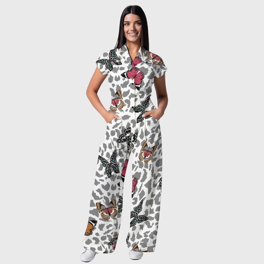 Women's Lapel Wide Leg Butterfly Leopard Printed Scrub Jumpsuit