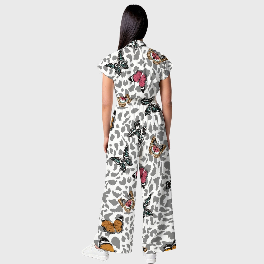 Women's Lapel Wide Leg Butterfly Leopard Printed Scrub Jumpsuit
