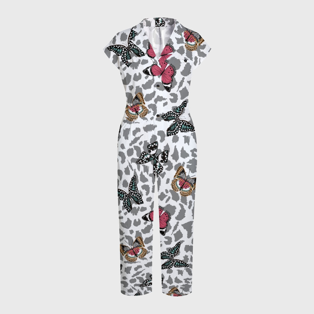 Women's Lapel Wide Leg Butterfly Leopard Printed Scrub Jumpsuit