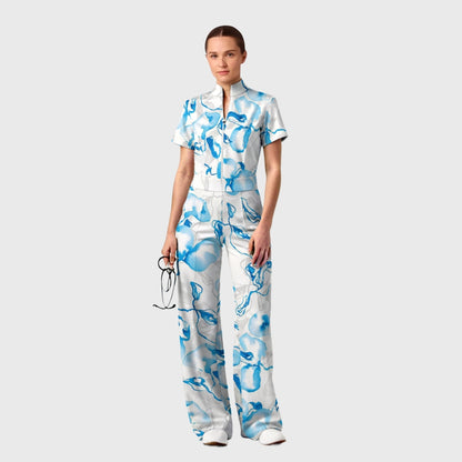 Women's Zip Neck Wide Leg Blue Watercolor Print Scrub Jumpsuit
