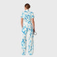 Women's Zip Neck Wide Leg Blue Watercolor Print Scrub Jumpsuit