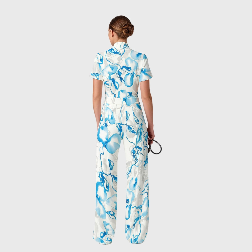 Women's Zip Neck Wide Leg Blue Watercolor Print Scrub Jumpsuit