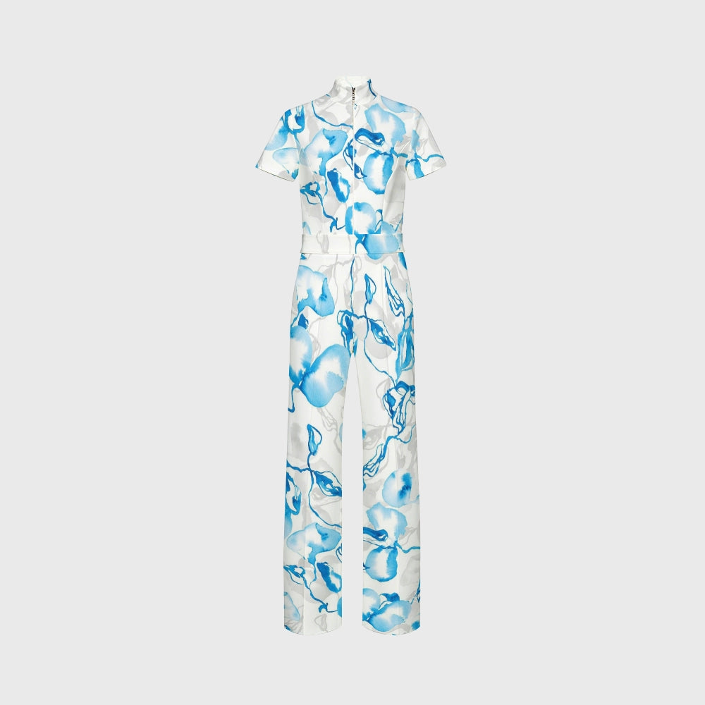 Women's Zip Neck Wide Leg Blue Watercolor Print Scrub Jumpsuit
