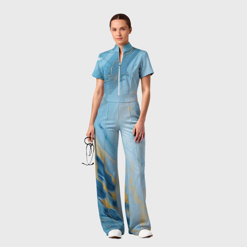 Women's Wide Leg Zip Neck Blue Marble Printed Scrub Jumpsuit