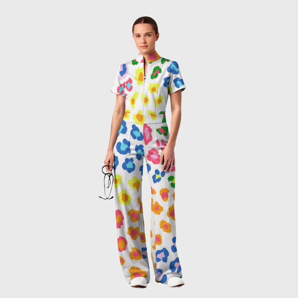 Women's Wide Leg Zip Neck Rainbow Leopard Print Scrub Jumpsuit