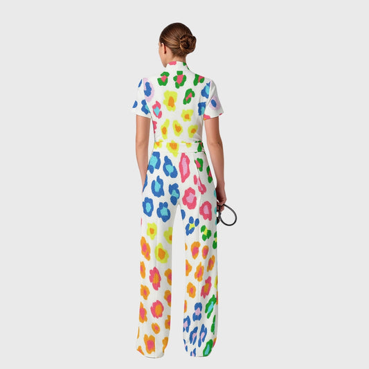 Women's Wide Leg Zip Neck Rainbow Leopard Print Scrub Jumpsuit
