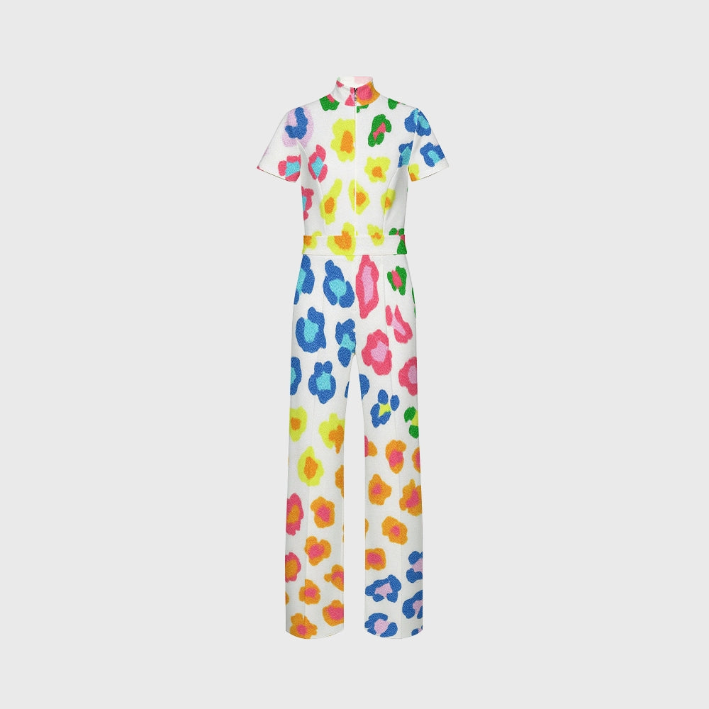 Women's Wide Leg Zip Neck Rainbow Leopard Print Scrub Jumpsuit
