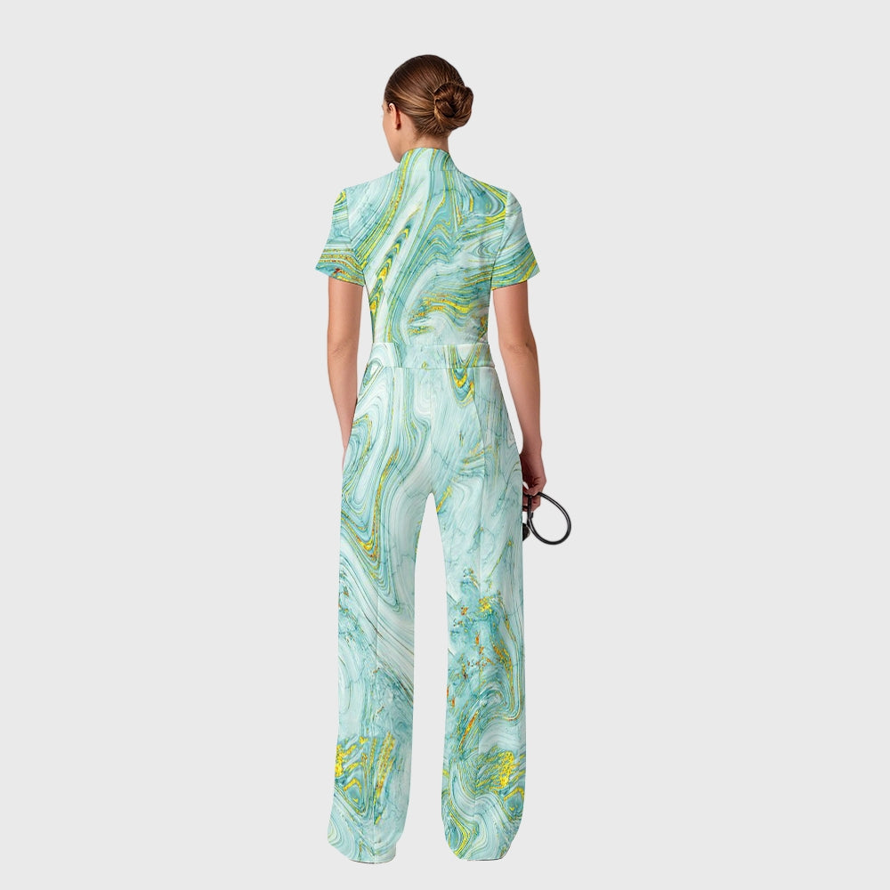 Women's Wide Leg Zip Neck Green Marble Printed Scrub Jumpsuit