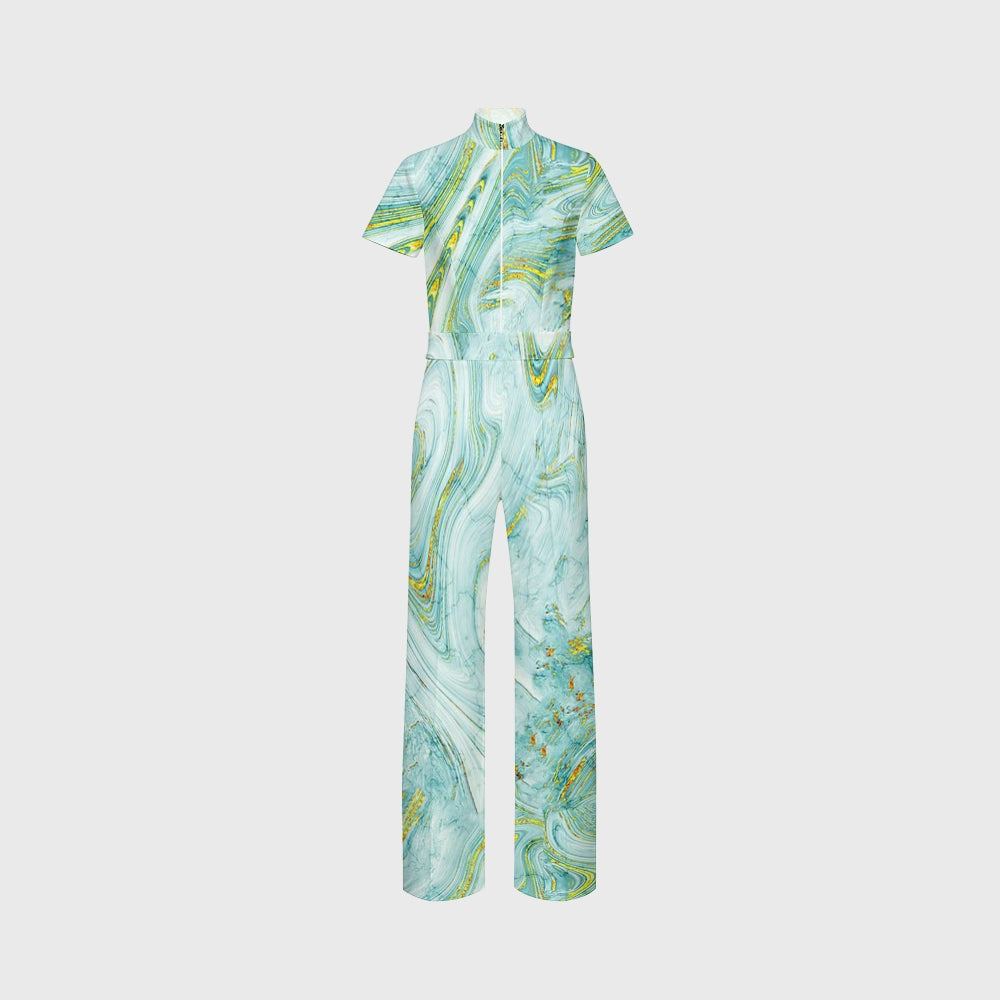 Women's Wide Leg Zip Neck Green Marble Printed Scrub Jumpsuit
