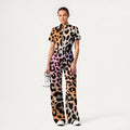 Women's Zip Neck Wide Leg Neon Leopard Printed Scrub Jumpsuit
