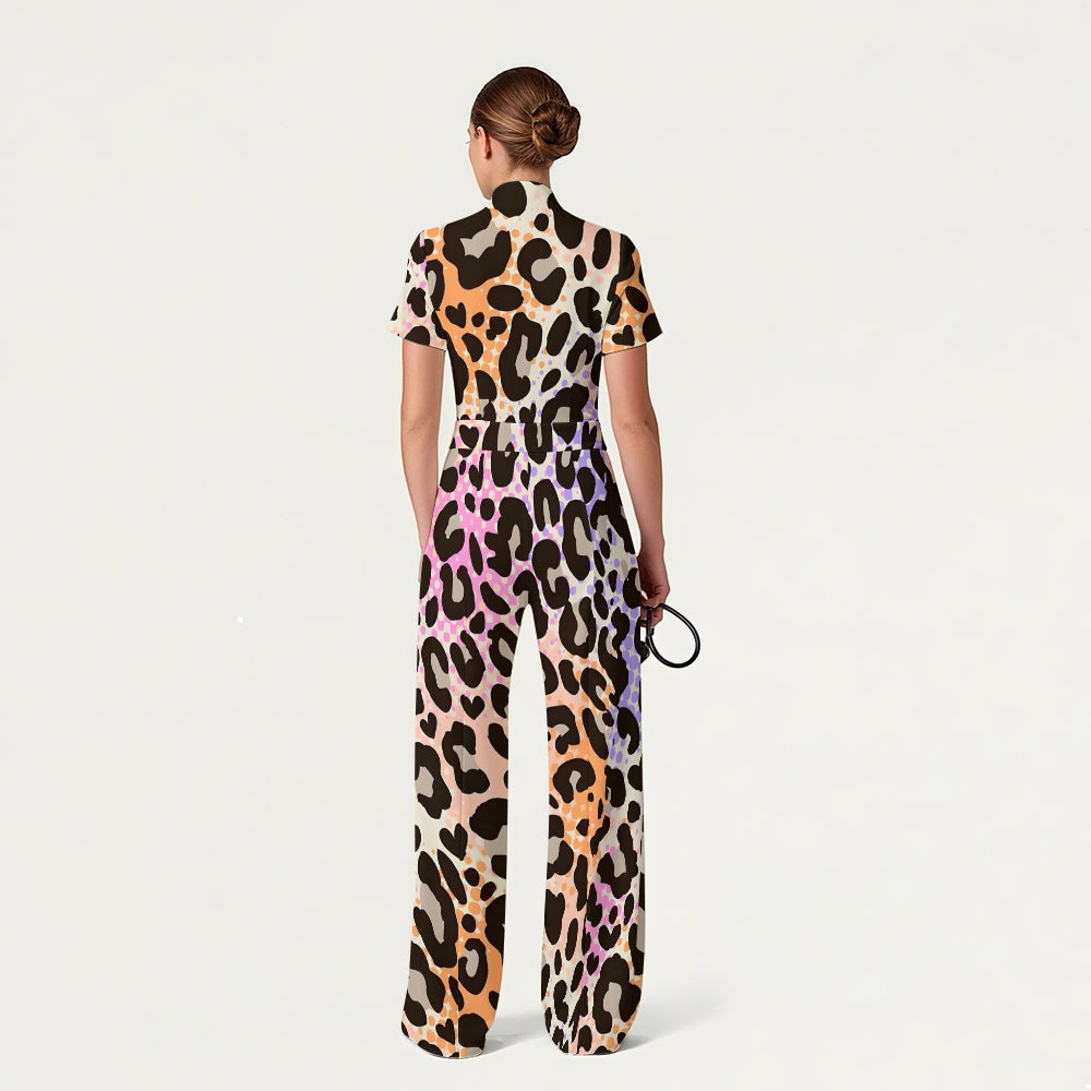 Women's Zip Neck Wide Leg Neon Leopard Printed Scrub Jumpsuit