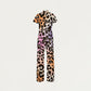 Women's Zip Neck Wide Leg Neon Leopard Printed Scrub Jumpsuit