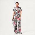 Women's Zip Neck Wide Leg Leopard Floral Print Scrub Jumpsuit