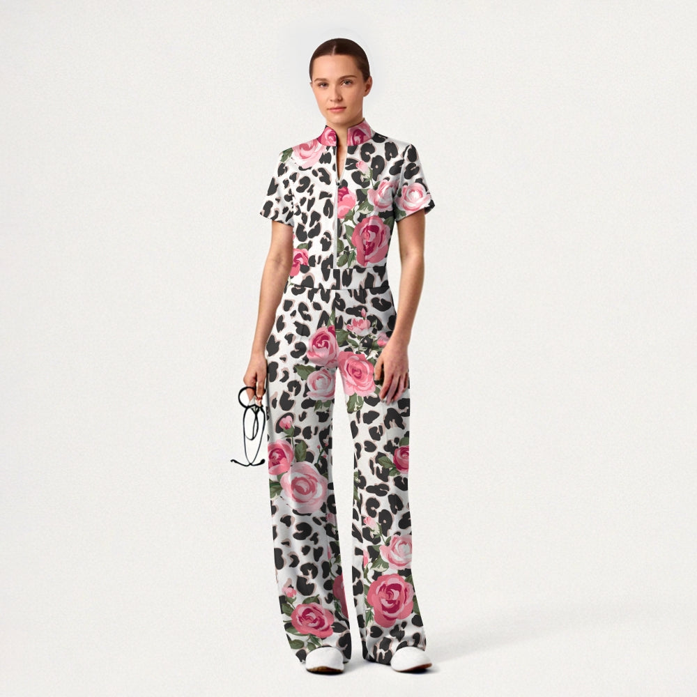 Women's Zip Neck Wide Leg Leopard Floral Print Scrub Jumpsuit