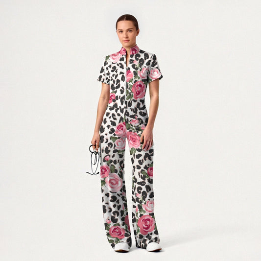 Women's Zip Neck Wide Leg Leopard Floral Print Scrub Jumpsuit
