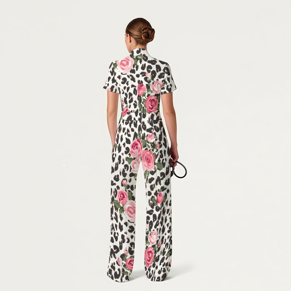 Women's Zip Neck Wide Leg Leopard Floral Print Scrub Jumpsuit