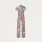 Women's Zip Neck Wide Leg Leopard Floral Print Scrub Jumpsuit