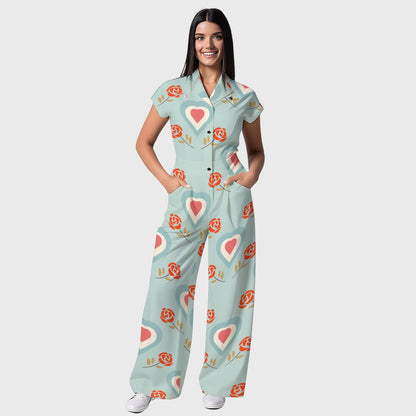 Women's Wide Leg Heart Floral Printed Scrub Jumpsuit JH02