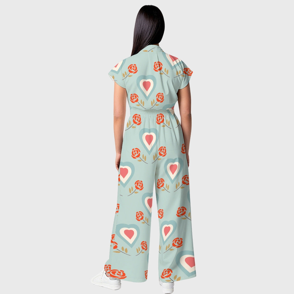 Women's Wide Leg Heart Floral Printed Scrub Jumpsuit JH02