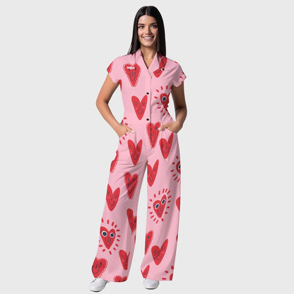 Women's Wide Leg Smiling Heart Printed Scrub Jumpsuit JH03