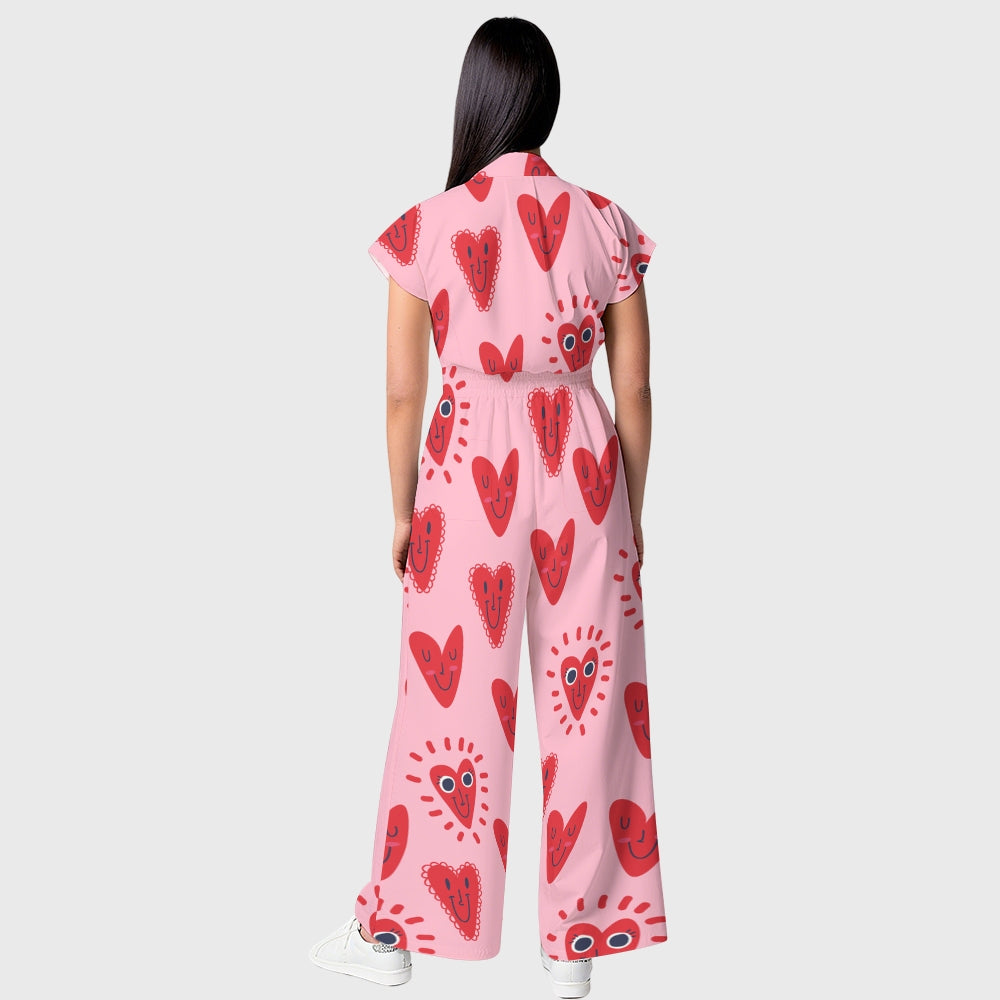 Women's Wide Leg Smiling Heart Printed Scrub Jumpsuit JH03