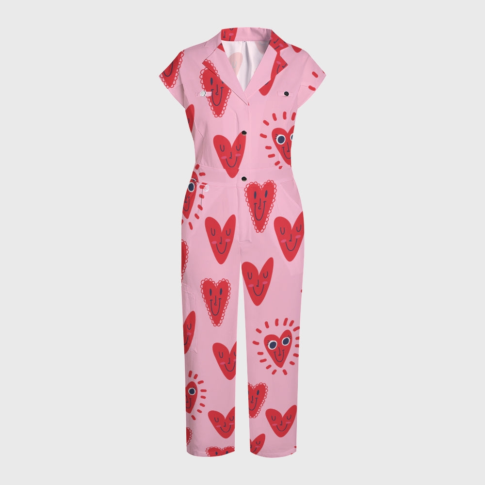 Women's Wide Leg Smiling Heart Printed Scrub Jumpsuit JH03