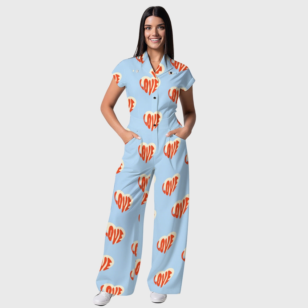 Women's Lapel Wide Leg True Love Printed Scrub Jumpsuit JH04