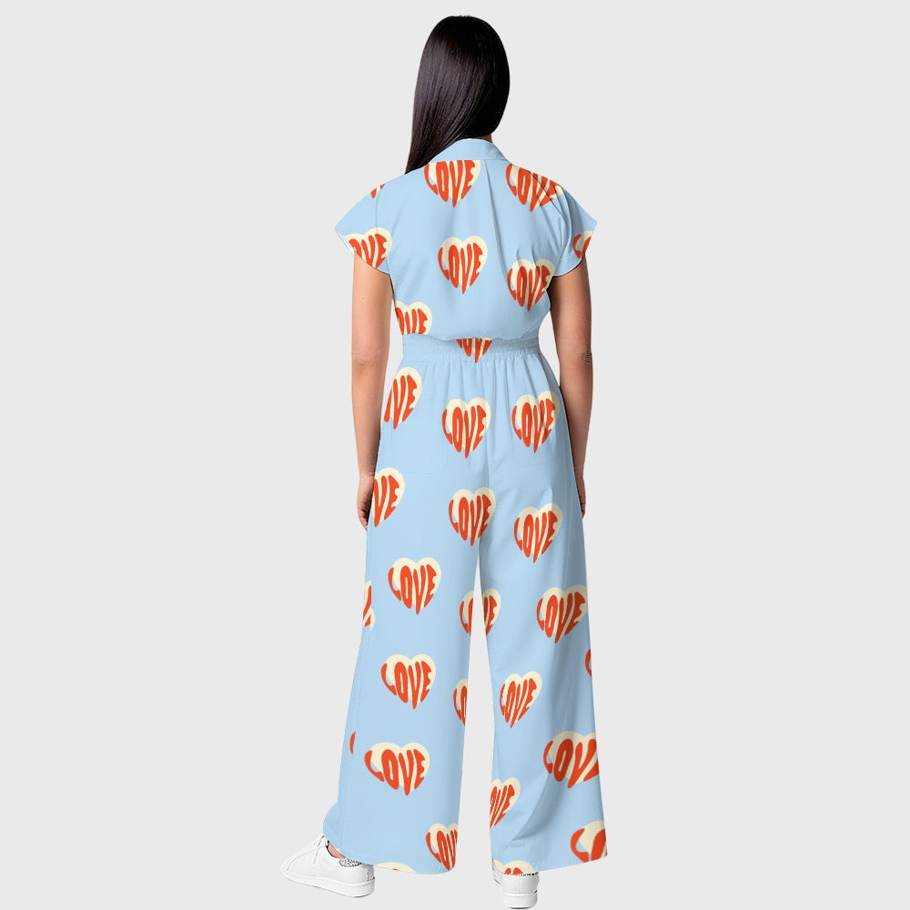 Women's Lapel Wide Leg True Love Printed Scrub Jumpsuit JH04