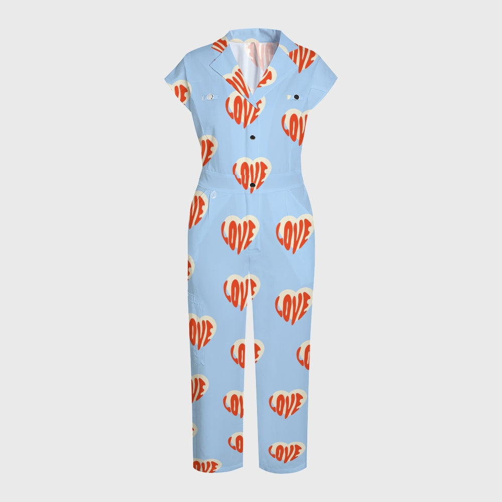 Women's Lapel Wide Leg True Love Printed Scrub Jumpsuit JH04