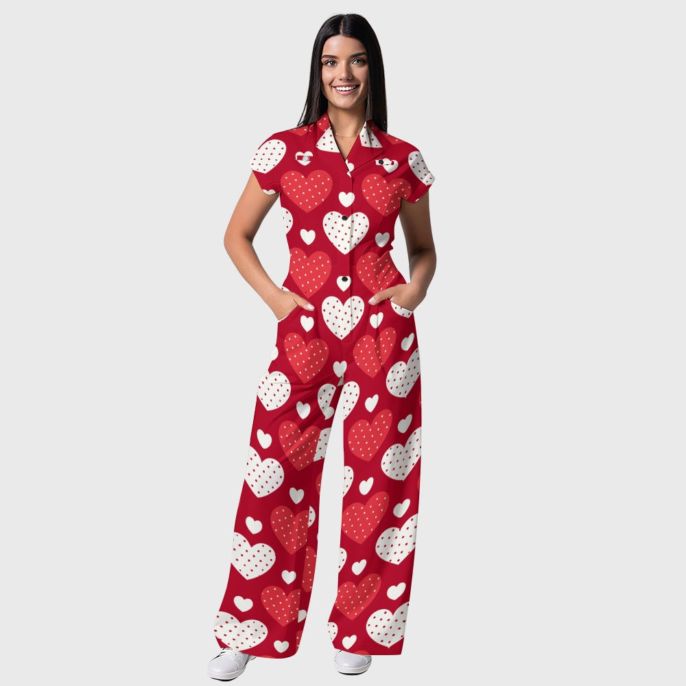 Women's Wide Leg Red Love Hearts Printed Scrub Jumpsuit JH07