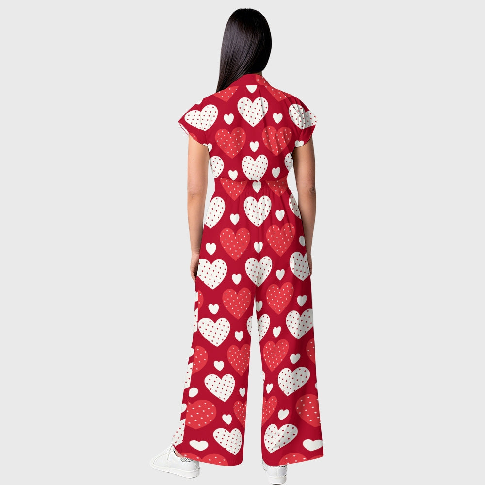 Women's Wide Leg Red Love Hearts Printed Scrub Jumpsuit JH07