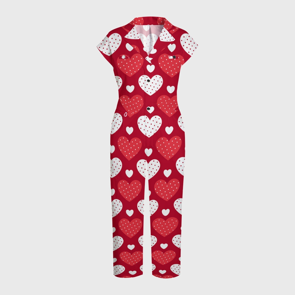 Women's Wide Leg Red Love Hearts Printed Scrub Jumpsuit JH07