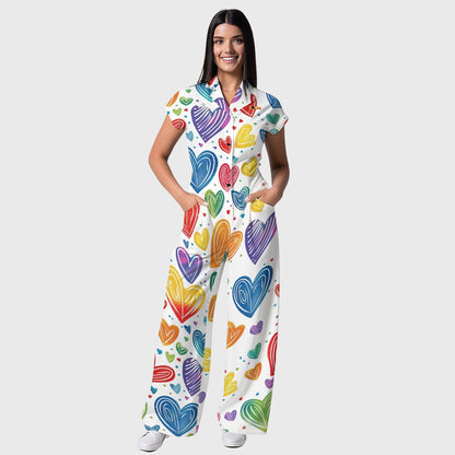 Women's Lapel Wide Leg Rainbow Hearts Printed Scrub Jumpsuit JH08
