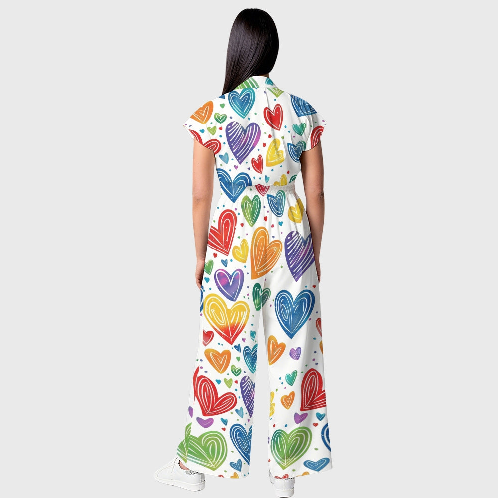 Women's Lapel Wide Leg Rainbow Hearts Printed Scrub Jumpsuit JH08