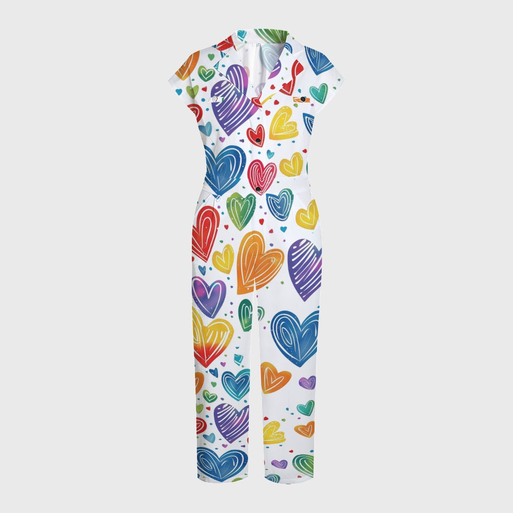 Women's Lapel Wide Leg Rainbow Hearts Printed Scrub Jumpsuit JH08