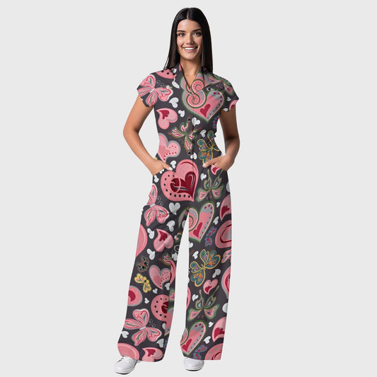 Women's Wide Leg Pink Hearts Printed Scrub Jumpsuit JH09