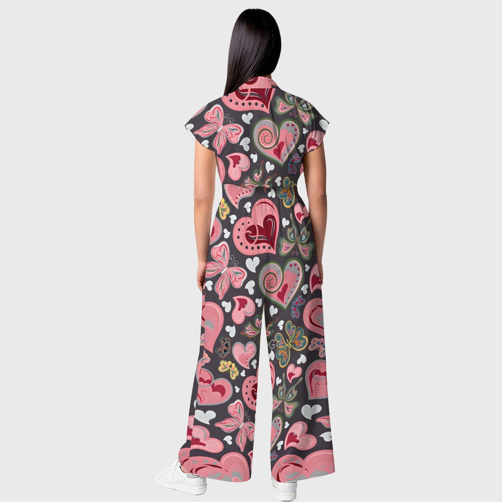 Women's Wide Leg Pink Hearts Printed Scrub Jumpsuit JH09