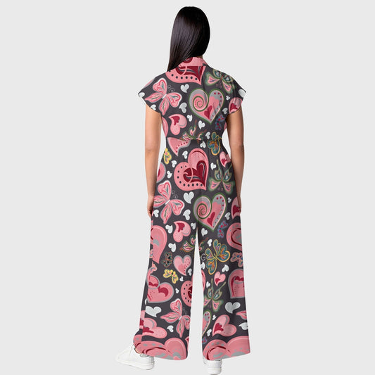 Women's Wide Leg Pink Hearts Printed Scrub Jumpsuit JH09
