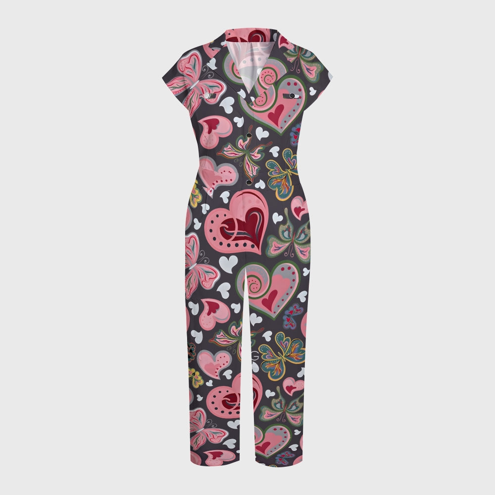 Women's Wide Leg Pink Hearts Printed Scrub Jumpsuit JH09