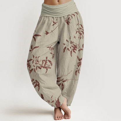 Pure Cotton Branch Pattern Women's Elastic Waist Harem Pants