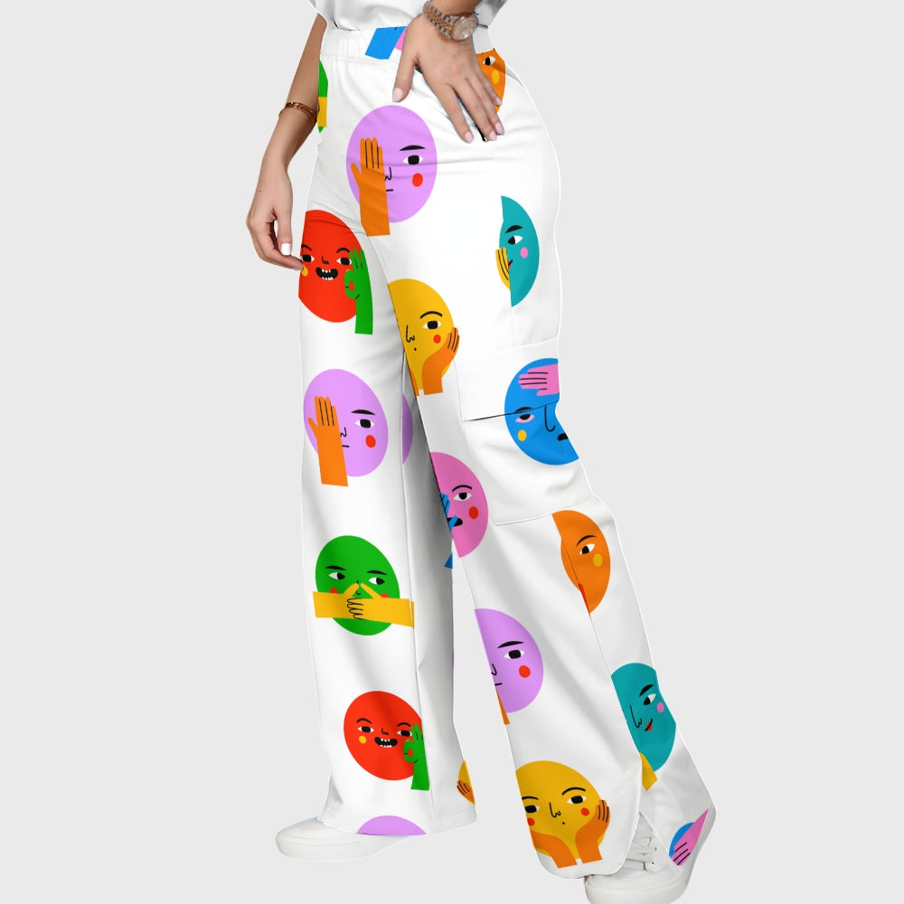 Women's Abstract Comic Faces Printed Scrub Set SP01