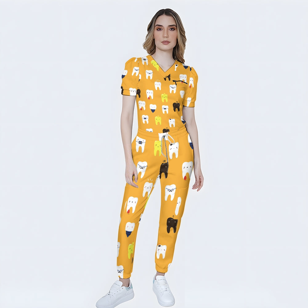Women's Puff Sleeves Cute Teeth Scrub Set SAA6