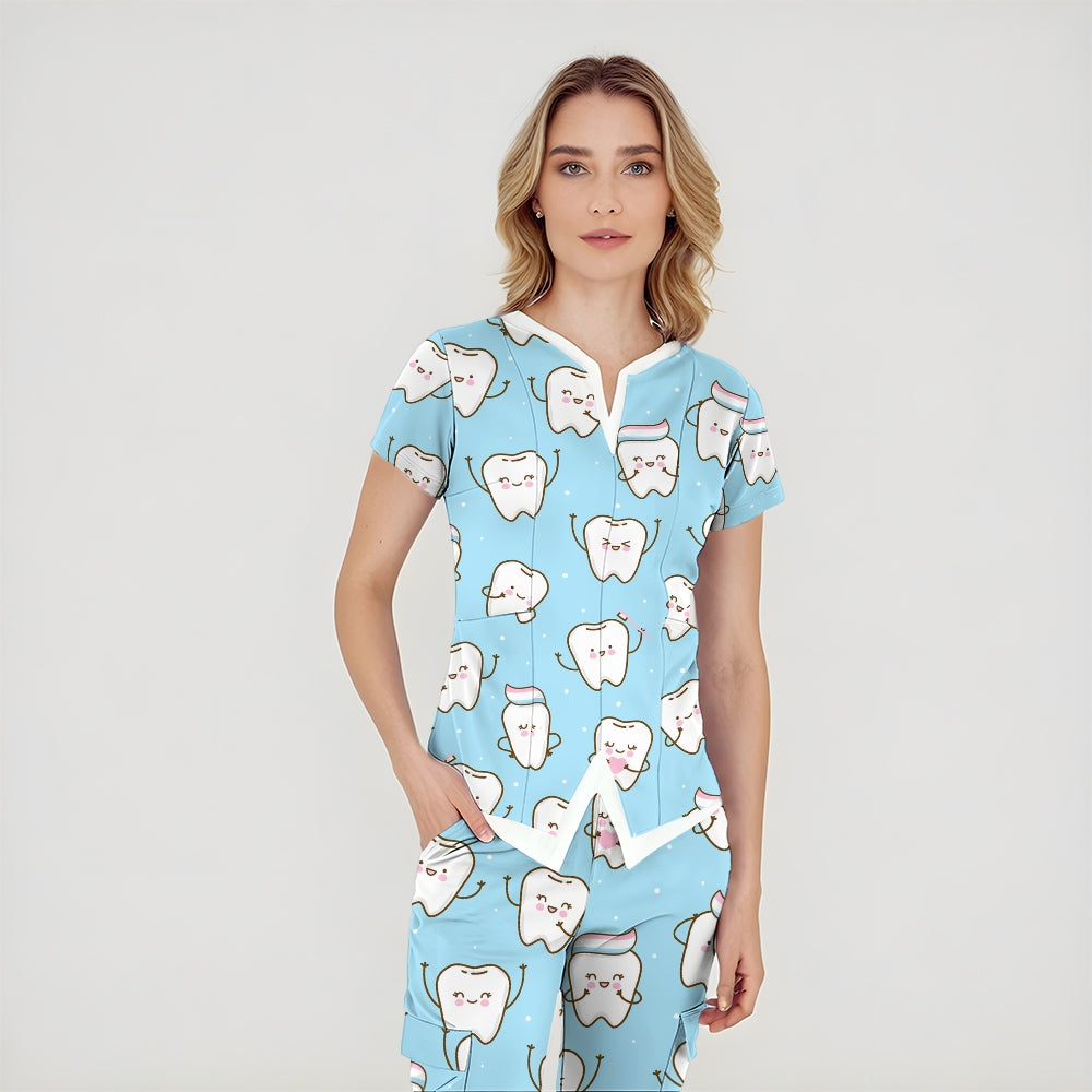 Women's Cute Tooth-Print Scrub Set JTT01