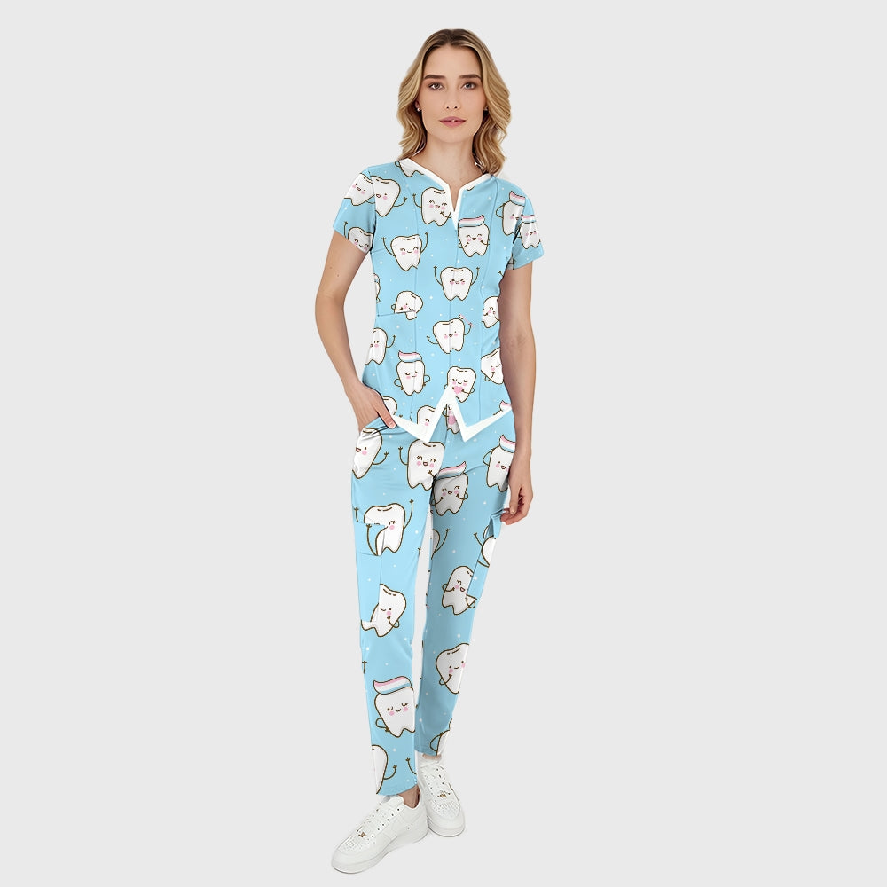 Women's Cute Tooth-Print Scrub Set JTT01