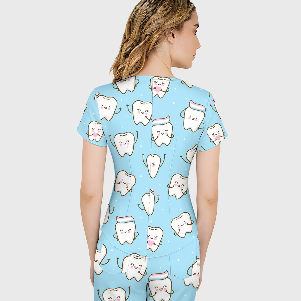 Women's Cute Tooth-Print Scrub Set JTT01